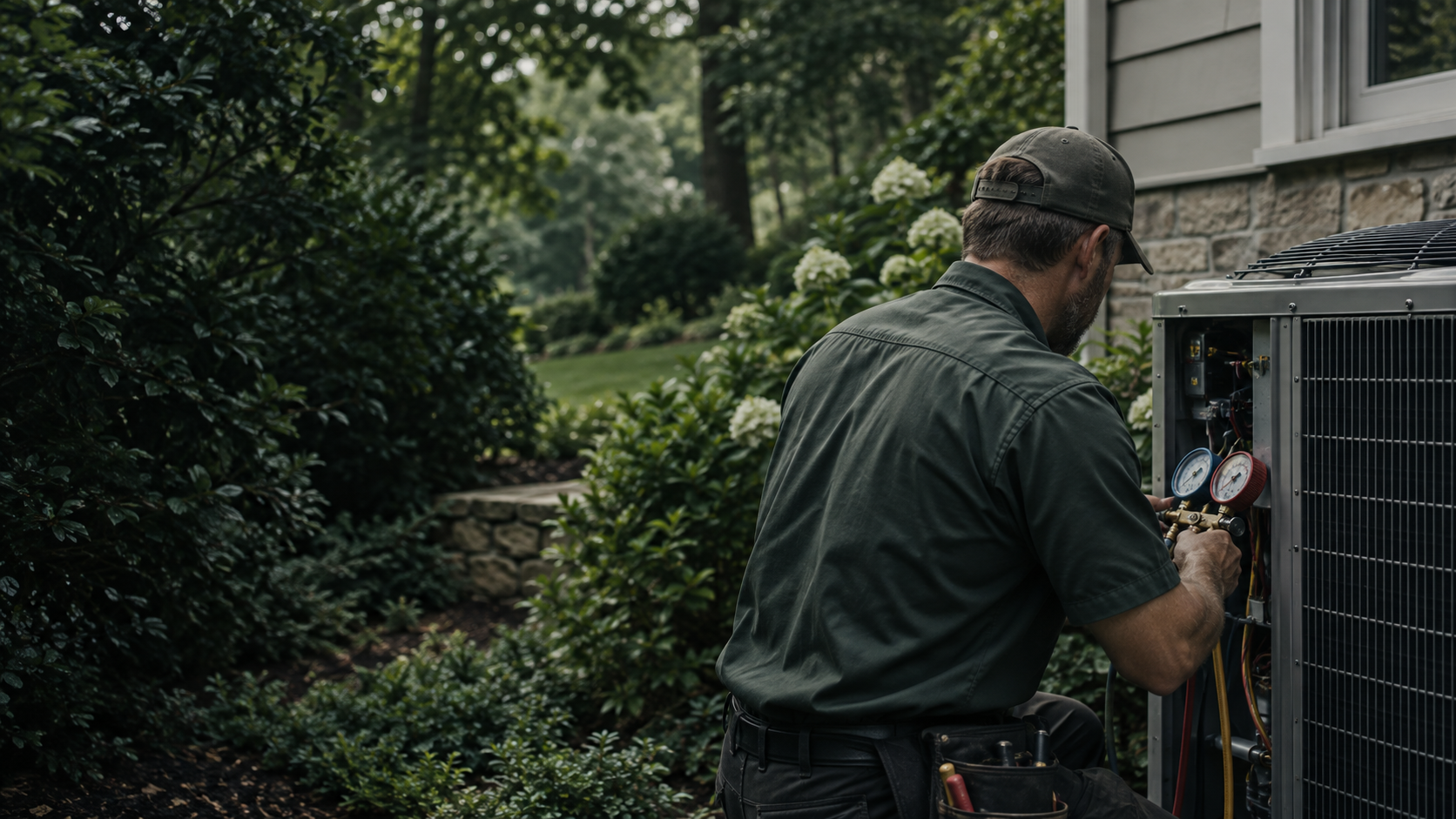 Illustrative photograph of a technician working on a residential HVAC unit